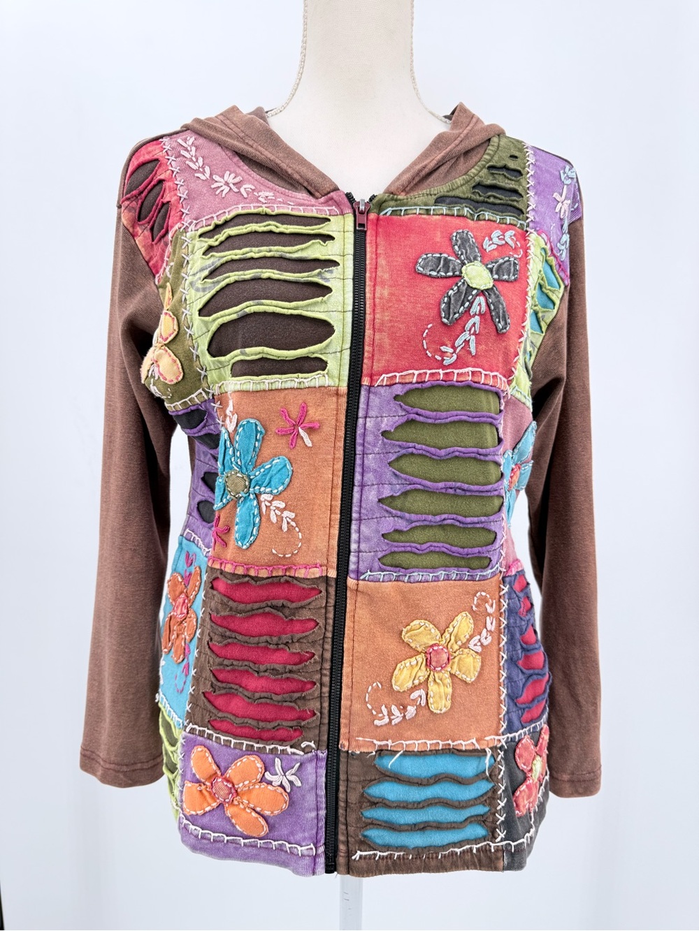 Rising International Hoodie Women M Brown Patchwork Boho Whimsigoth Fairy Grunge